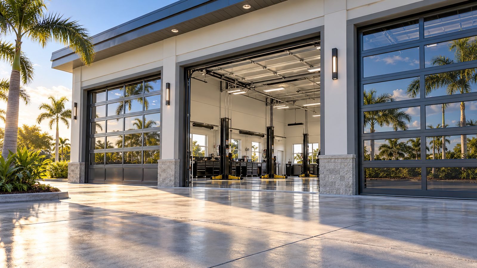 Illustrative commercial service facility with overhead doors