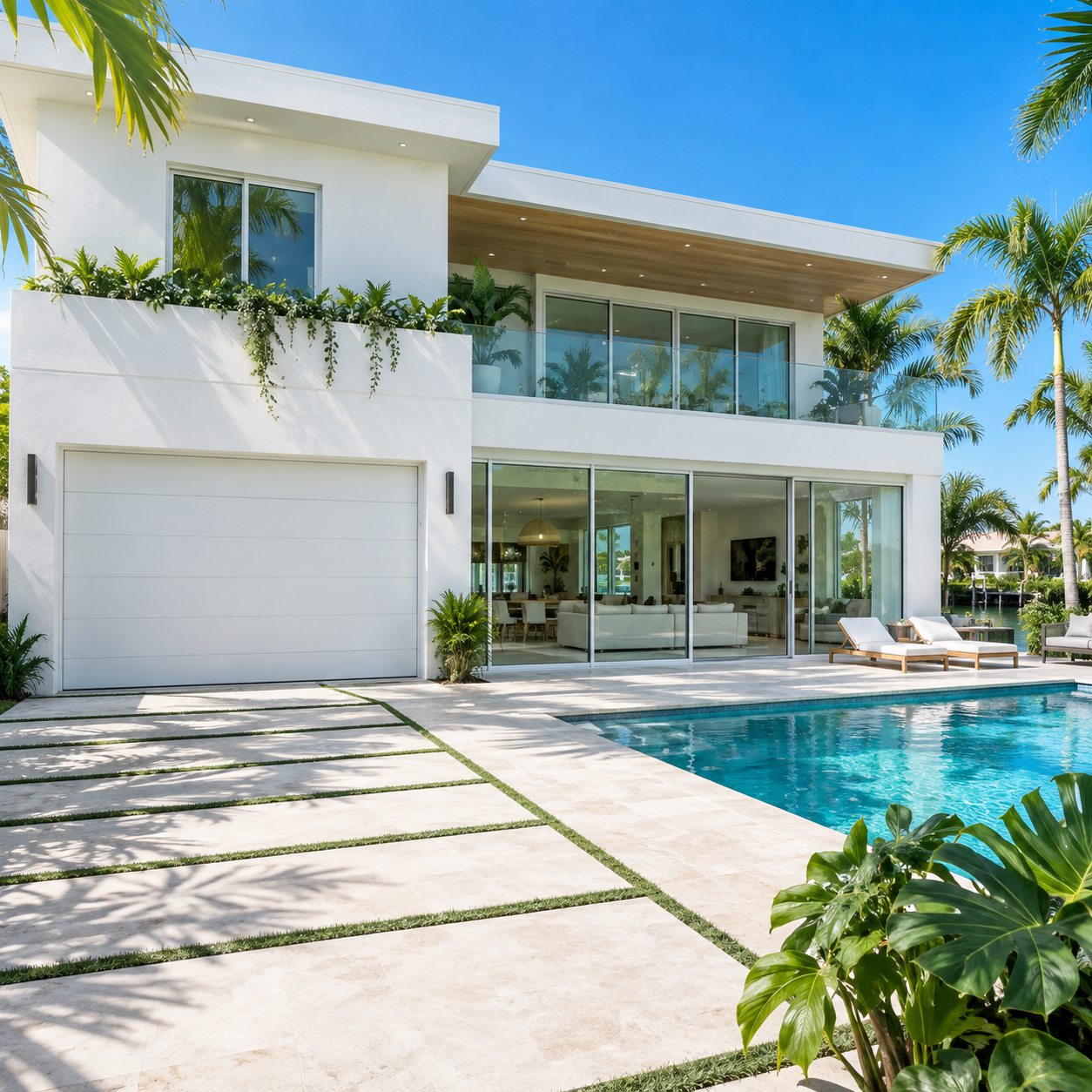 Illustrative coastal home with white garage door and glass patio doors