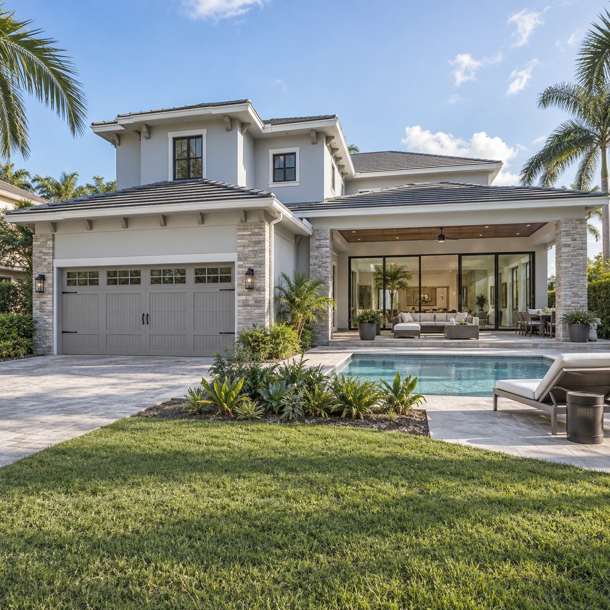 Illustrative Florida home with carriage-style garage door and sliding glass doors