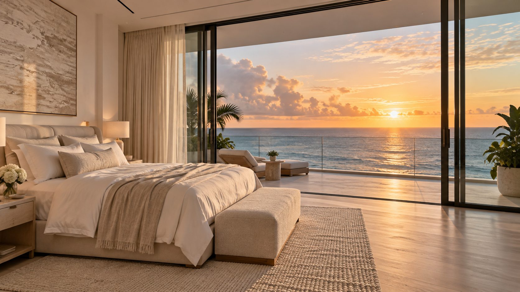 Illustrative sliding patio doors opening from a bedroom to an ocean view