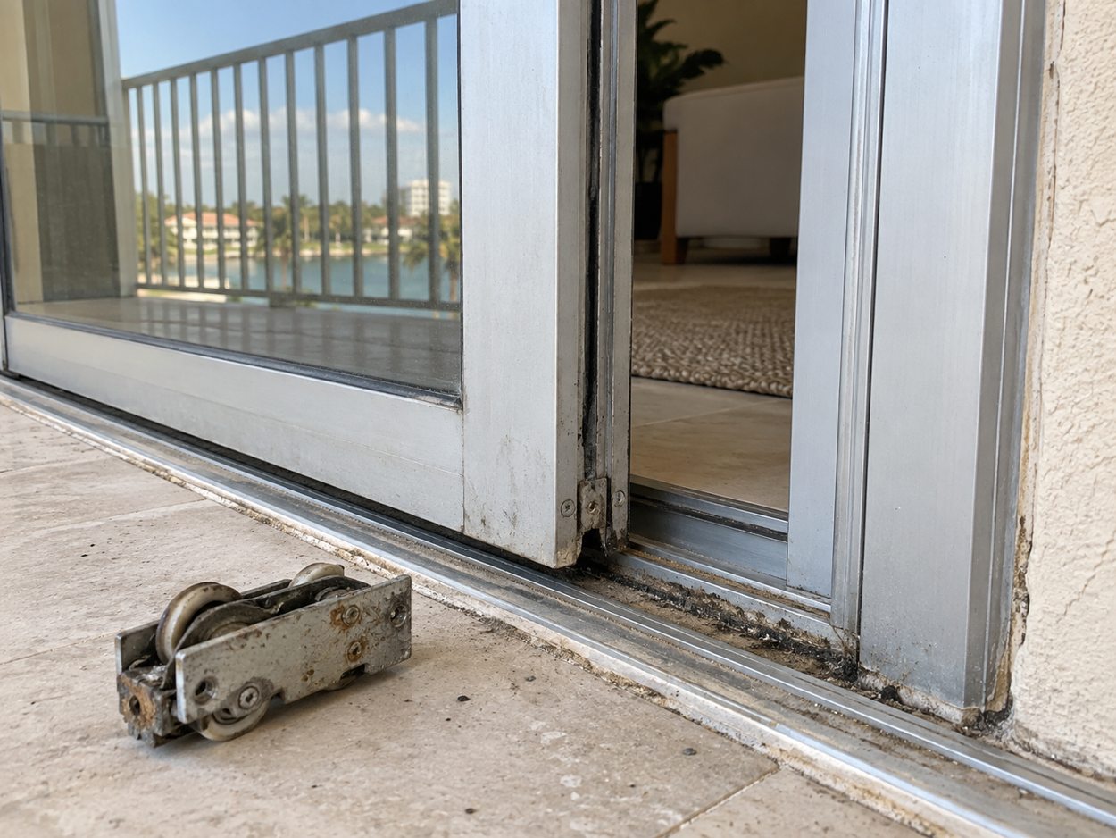 Illustrative worn sliding door roller and track
