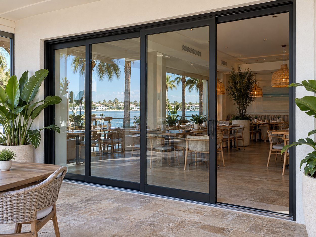 Illustrative sliding glass door opening to the outdoors